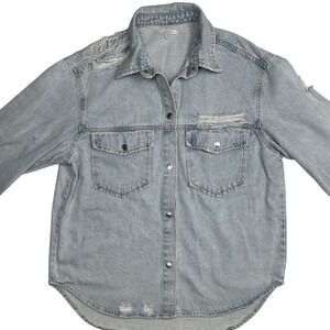 VEVERET Men's 2XL Distressed Light Wash Denim Button Up Shirt Long‎ Sleeve